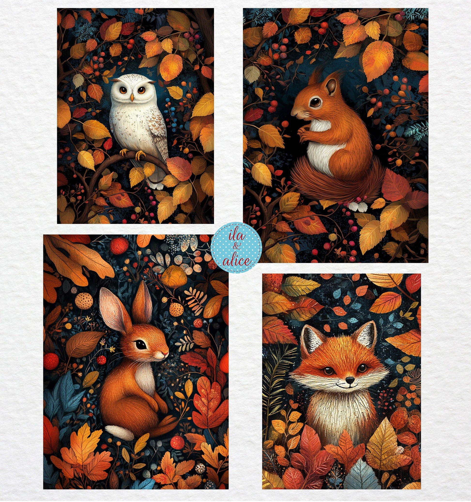 Autumn Forest Animals In Leaves Postcards Post Cards ila & alice 