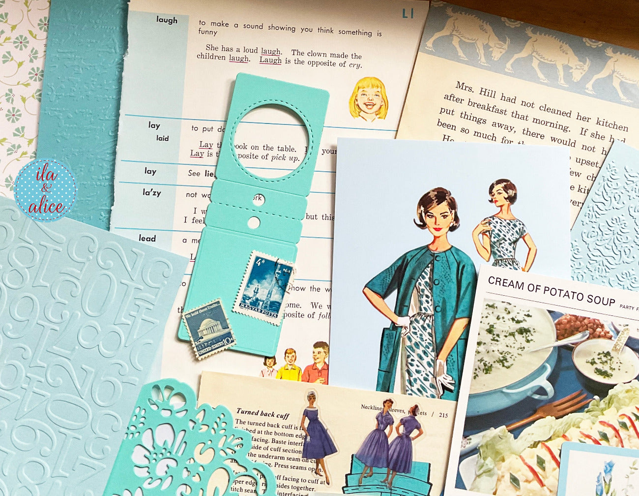 Curated 8x12 junk journal ephemera pack with layered papers, botanical elements, and tuck-able pieces. Blue theme.