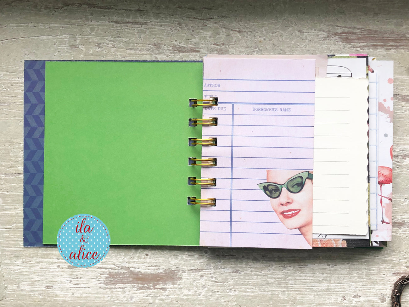 Handmade mini journal inside pages with vintage and vintage-inspired papers