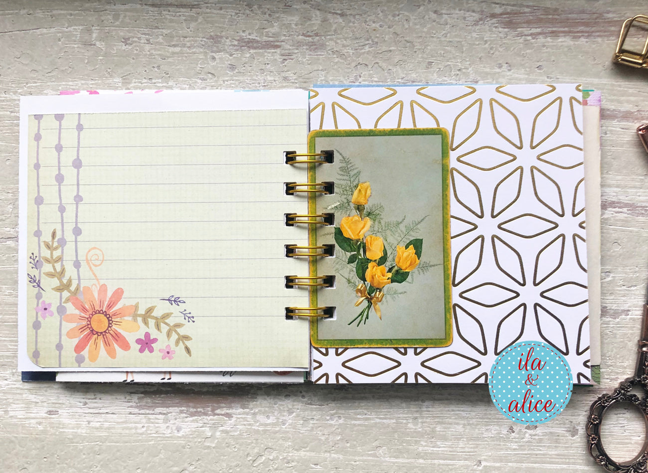 Handmade mini journal inside pages with vintage and vintage-inspired papers