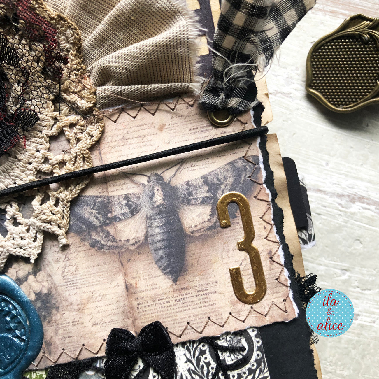 handmade spooky junk journal folio with wax seal, vintage ephemera, and dark folklore aesthetic