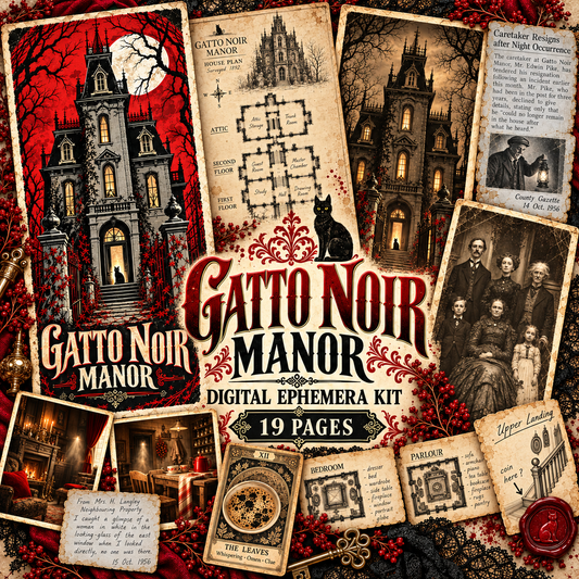 Gatto Noir Manor 19-page gothic digital ephemera kit