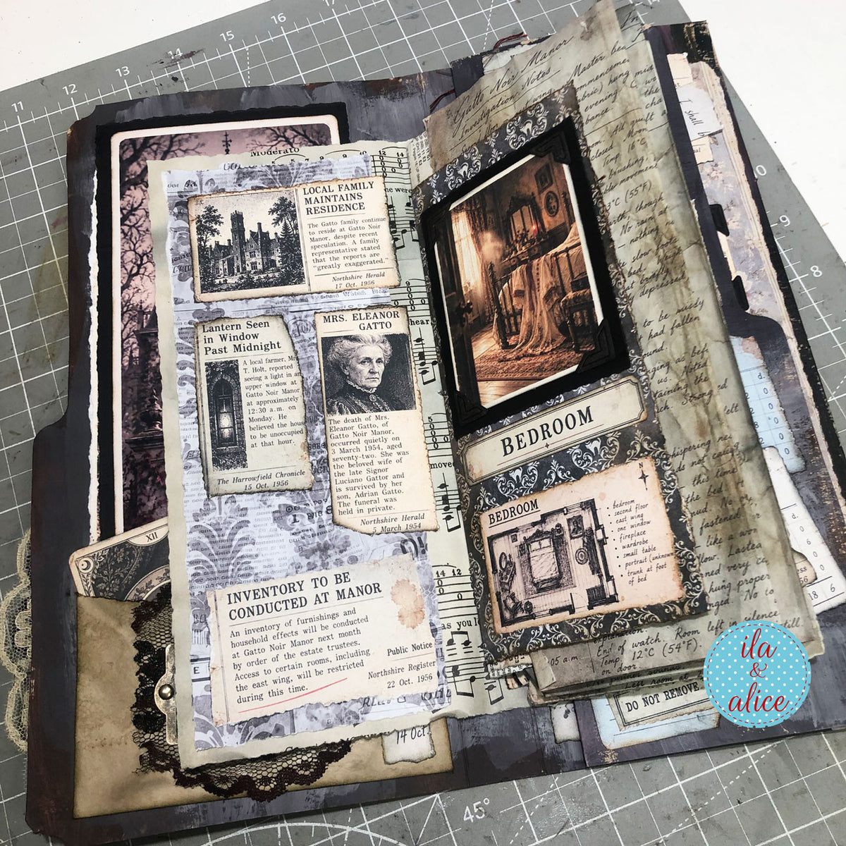 Gothic journal spread with newspaper clippings, notes and haunted manor imagery