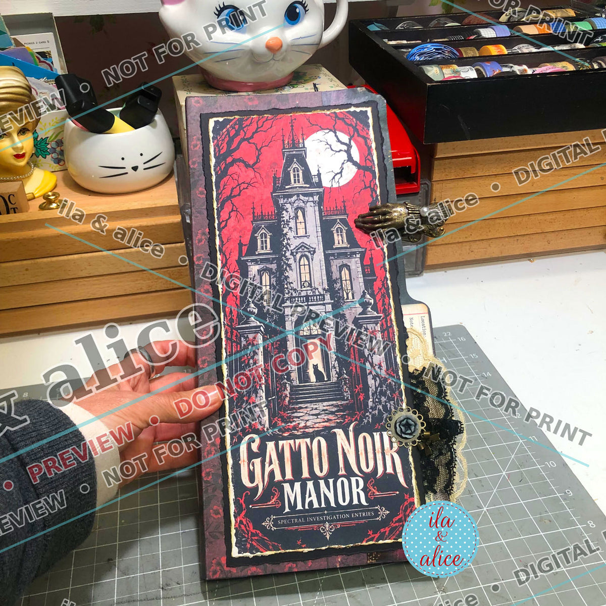 Handmade gothic journal featuring the Gatto Noir Manor cover