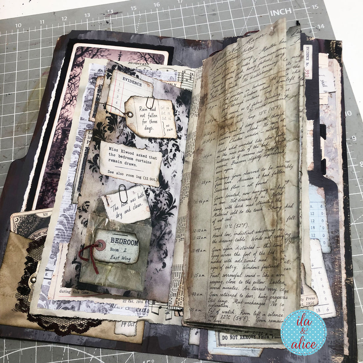 Handmade gothic journal page with layered notes, photographs and evidence pieces