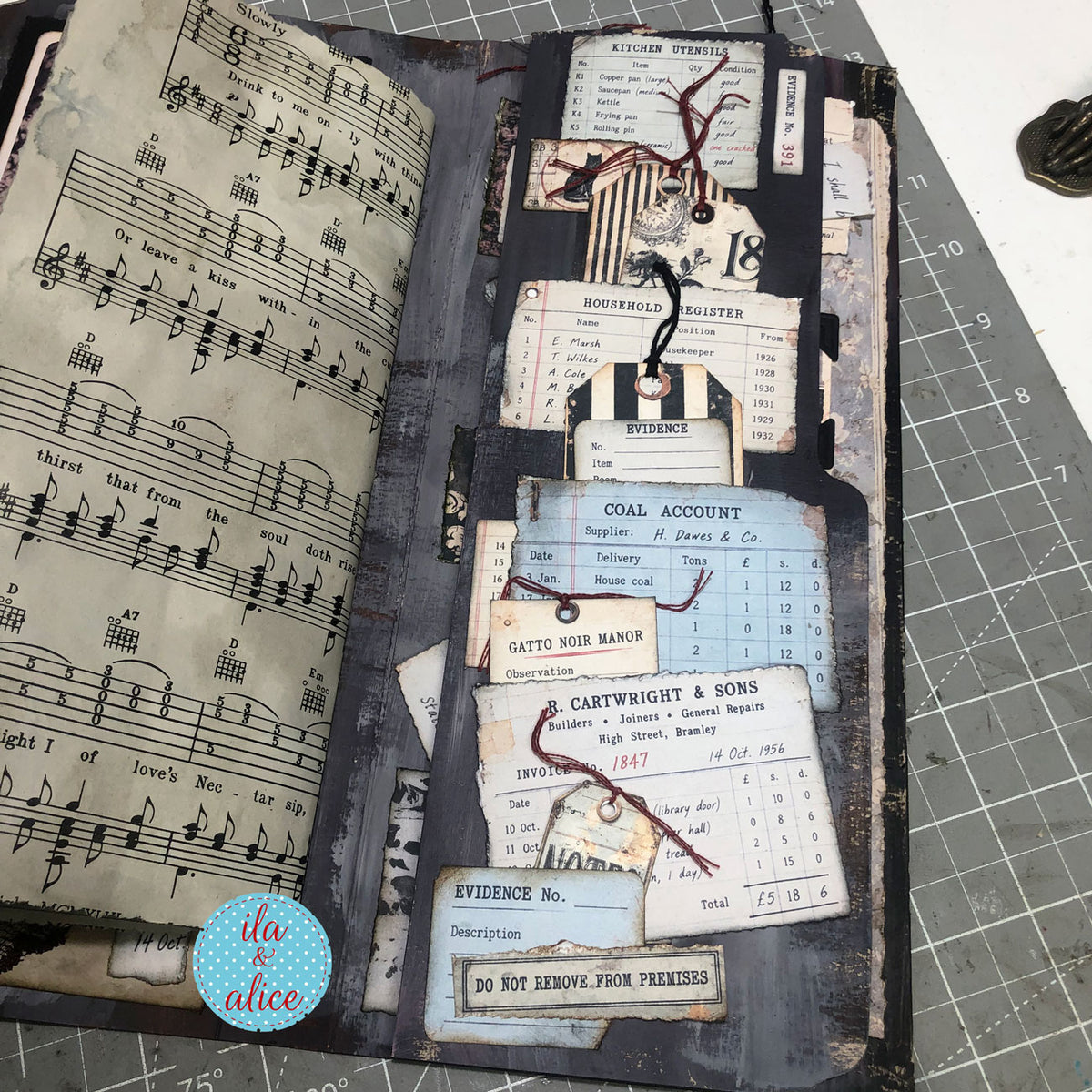 Gothic junk journal spread with vintage music paper and Gatto Noir Manor ephemera