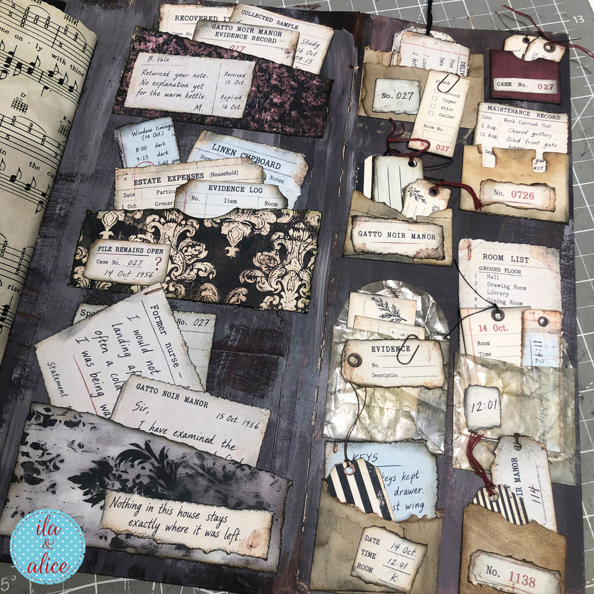 Assorted Gatto Noir Manor printable ephemera pieces arranged for a junk journal