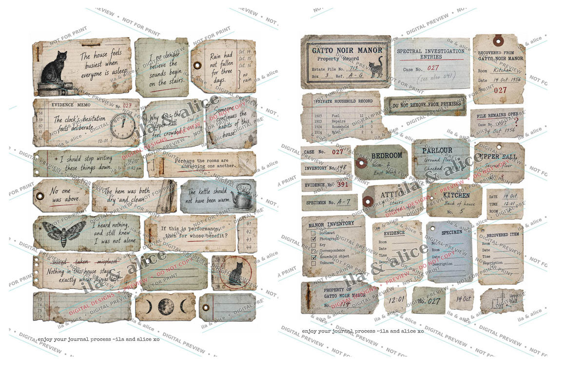 Preview of Gatto Noir Manor handwritten notes, labels and vintage-style ephemera
