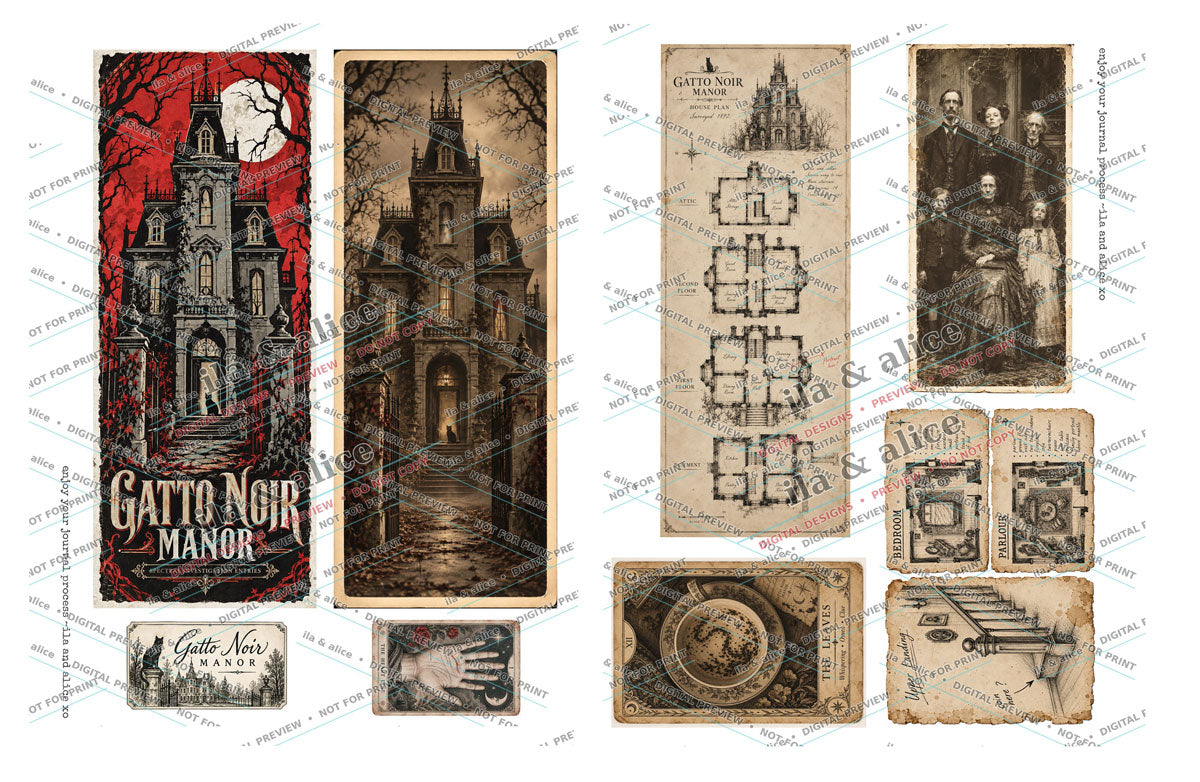 Preview of Gatto Noir Manor gothic covers, architecture and printable ephemera