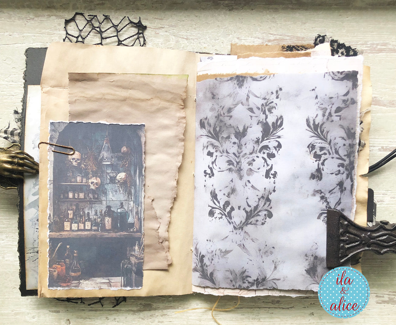 handmade spooky junk journal folio with wax seal, vintage ephemera, and dark folklore aesthetic