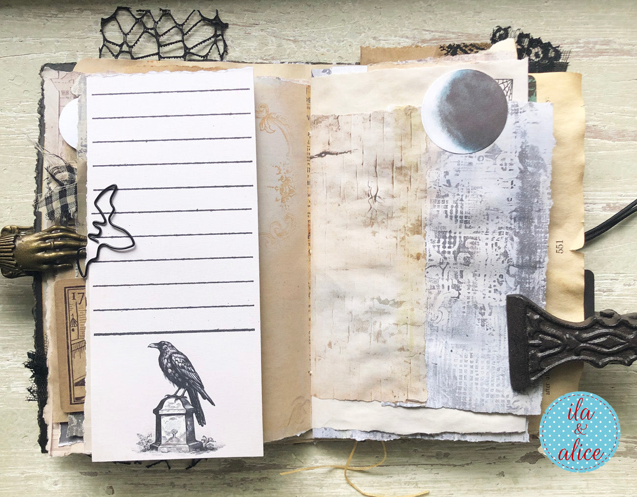 handmade spooky junk journal folio with wax seal, vintage ephemera, and dark folklore aesthetic