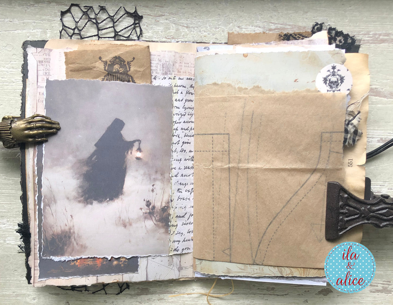 handmade spooky junk journal folio with wax seal, vintage ephemera, and dark folklore aesthetic