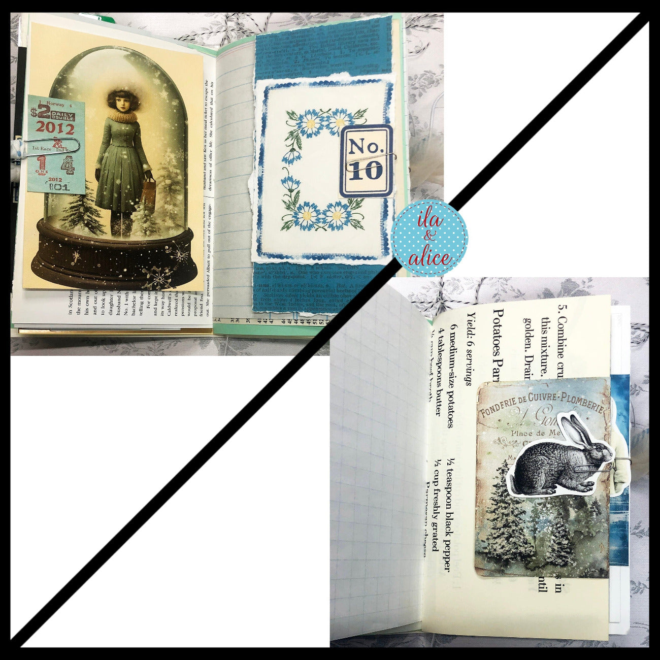 Blue Winter Junk Journal with Owl & Blue Bird Journal ila & alice 