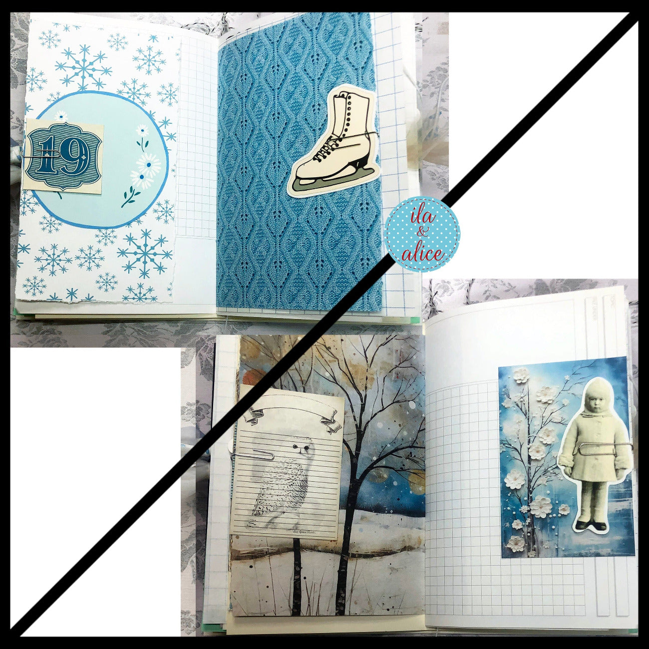 Blue Winter Junk Journal with Owl & Blue Bird Journal ila & alice 