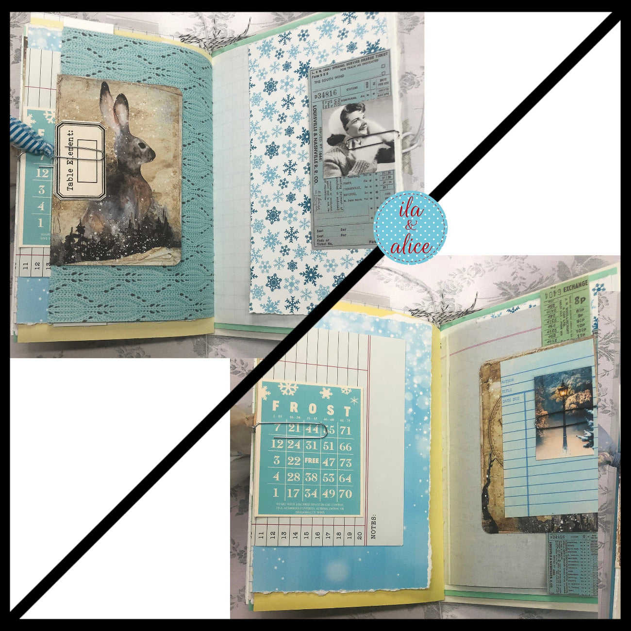 Blue Winter Junk Journal with Owl & Blue Bird Journal ila & alice 