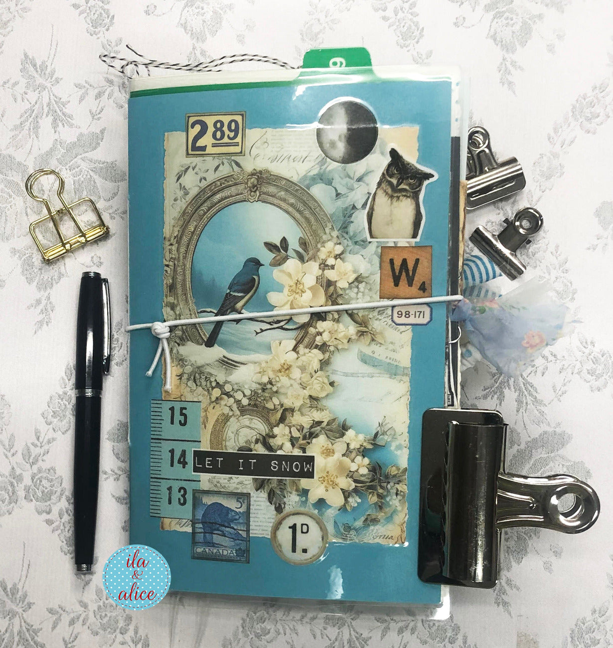 Blue Winter Junk Journal with Owl & Blue Bird Journal ila & alice 