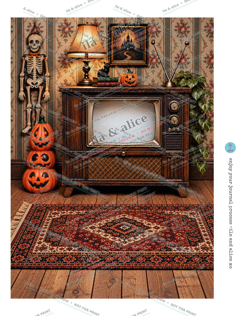 Printable vintage Haunted TV room with Halloween decorations, television and retro interior.