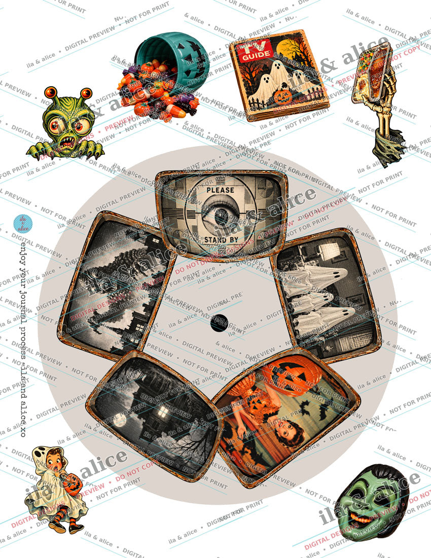 Printable Haunted TV rotating wheel with spooky channels and hidden pull-out pieces.