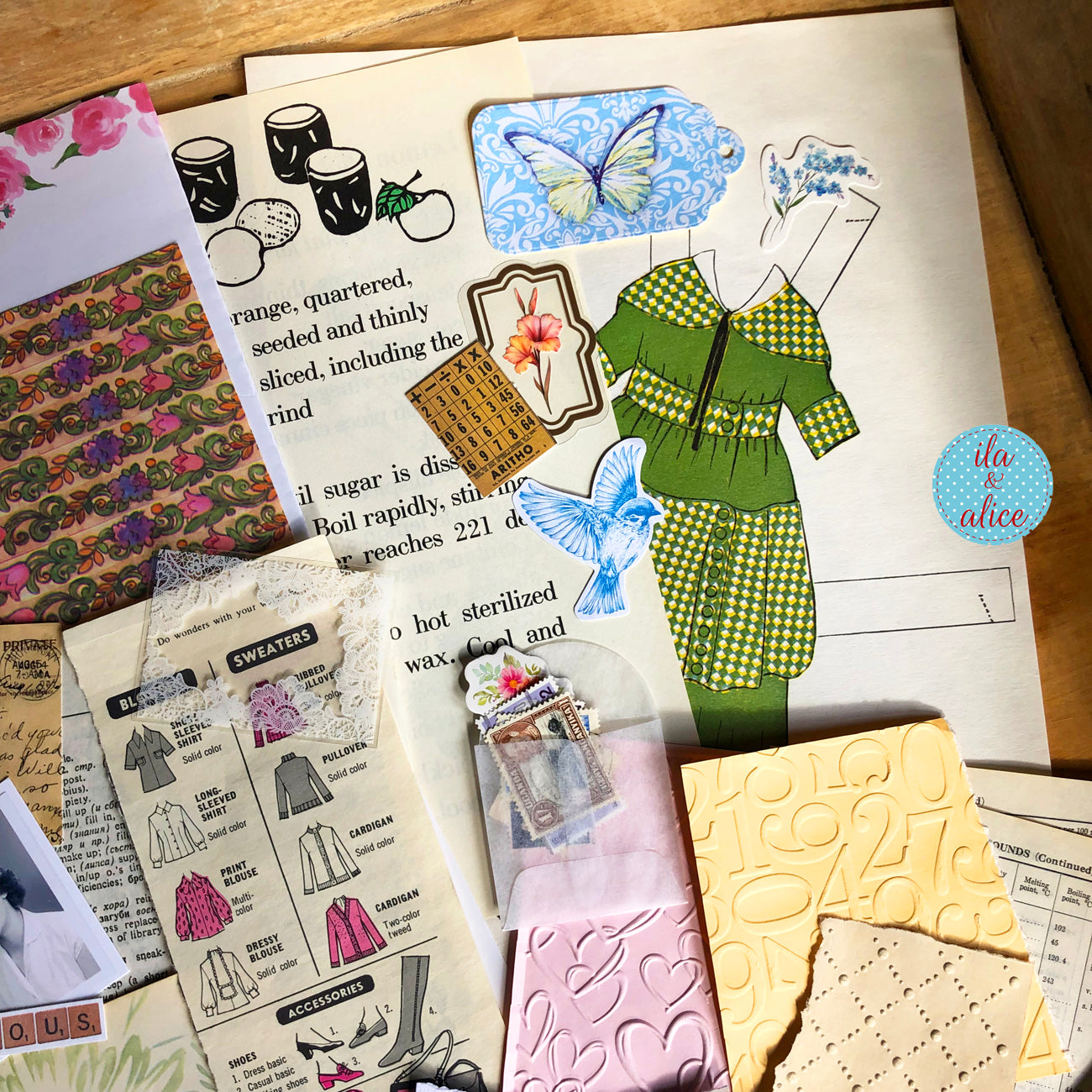 Curated 8x12 junk journal ephemera pack with layered papers, botanical elements, and tuck-able pieces. Vintage pieces of ephemera and vintage book pages included.
