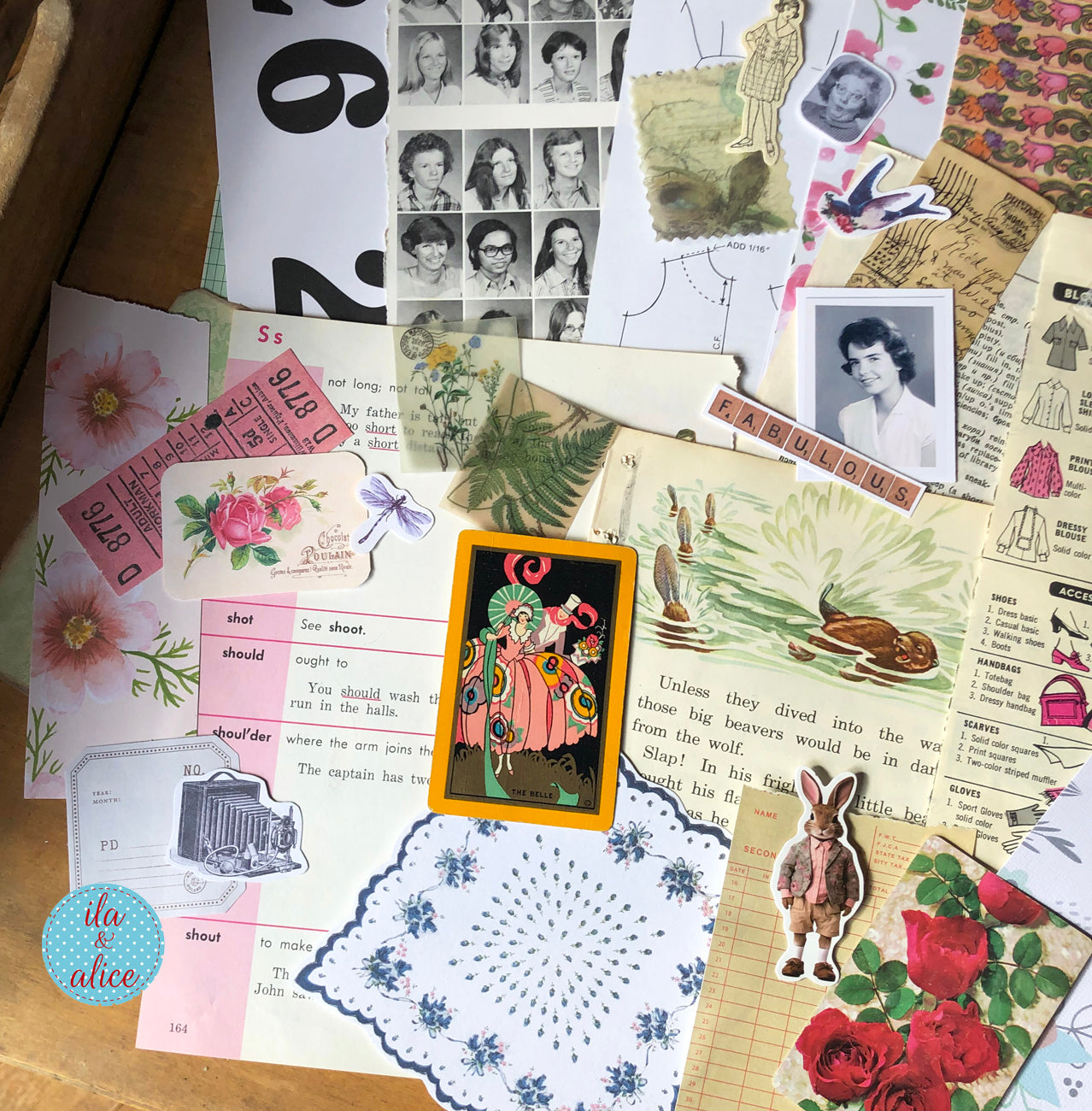Curated 8x12 junk journal ephemera pack with layered papers, botanical elements, and tuck-able pieces. Vintage pieces of ephemera and vintage book pages included.