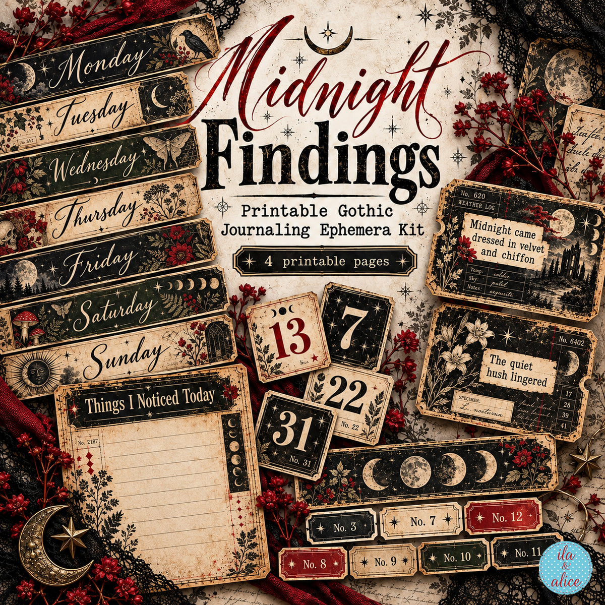 Midnight Findings printable gothic journaling ephemera kit with moon phases, weekday strips, number pieces and vintage dark botanical artwork.
