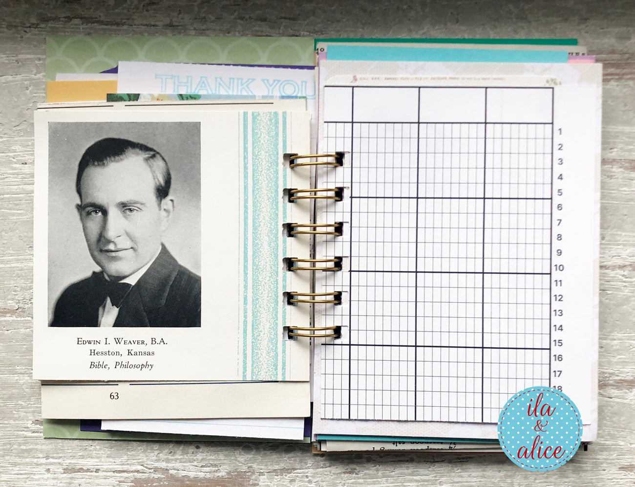 Open planner with a photo of a man and a grid page on a wooden surface, branded 'ila & alice'.