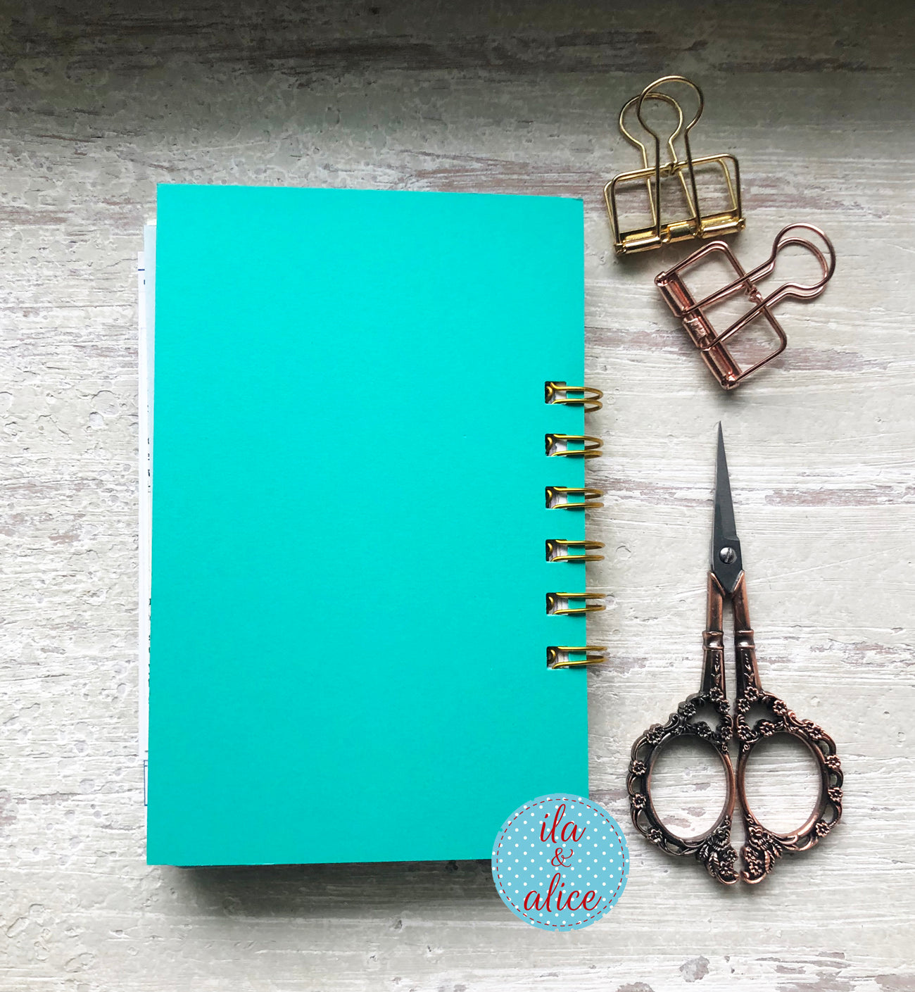 turquoise back of mini journal