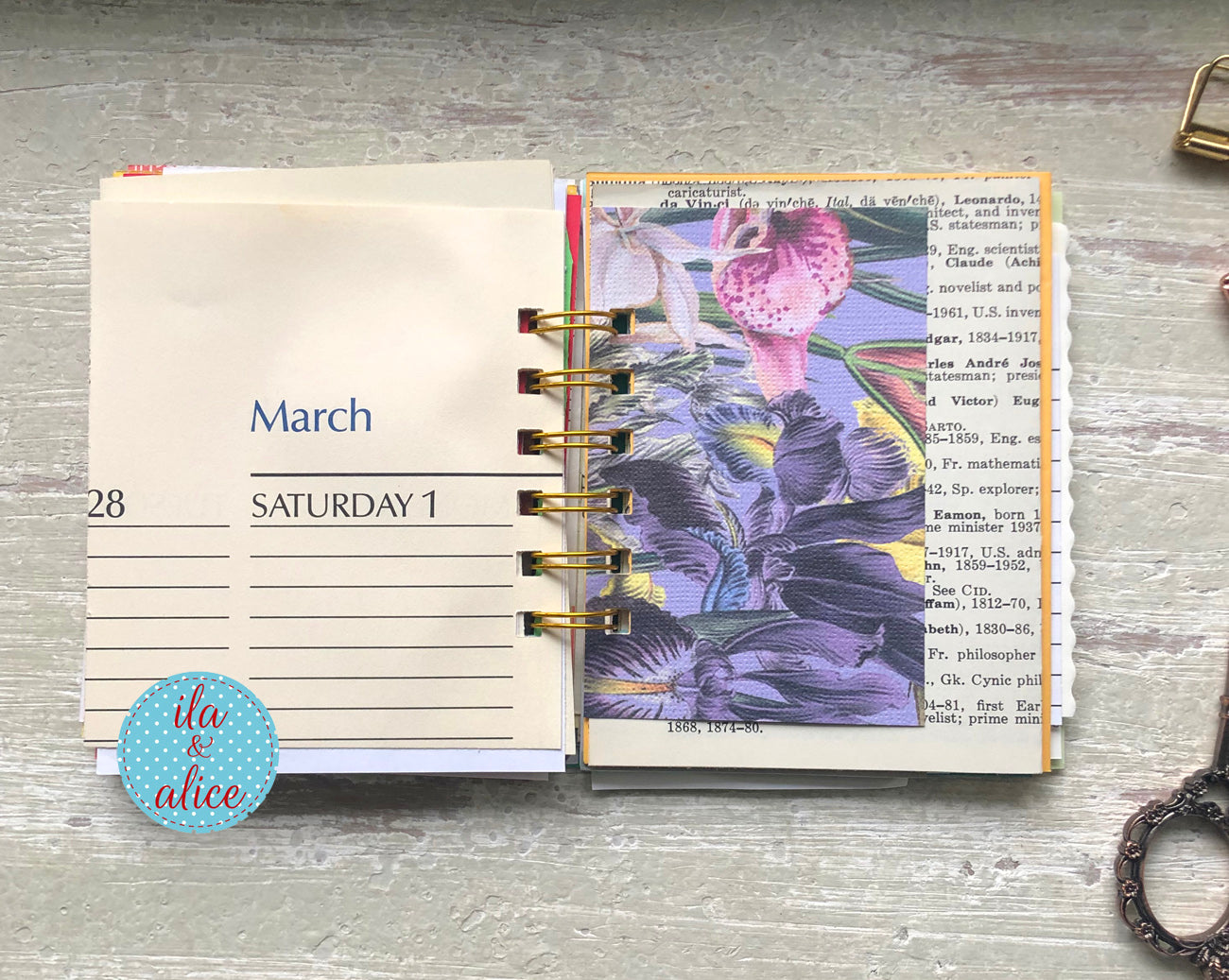 Mini junk journal inside page with layered vintage-inspired papers