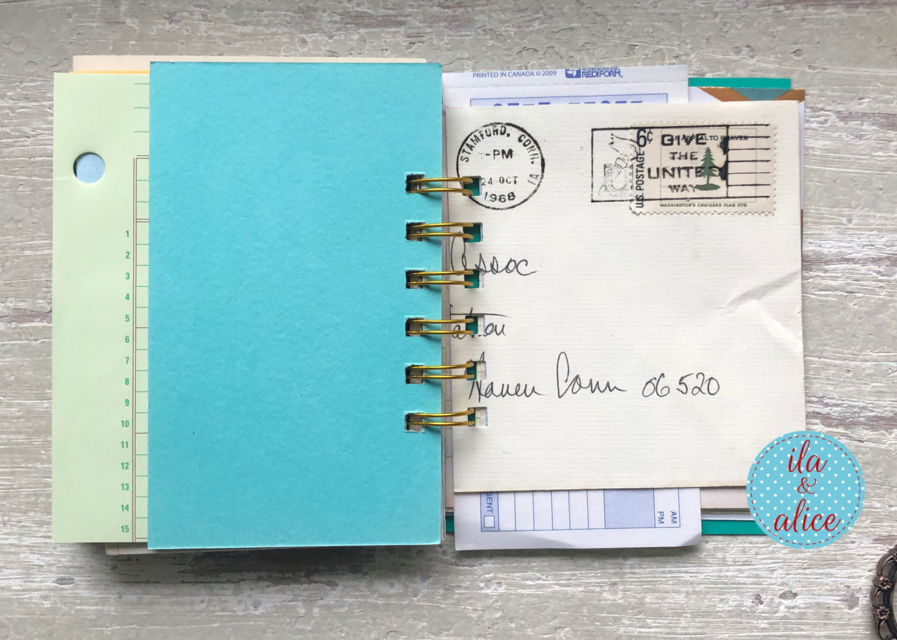 Mini junk journal inside page with layered vintage-inspired papers