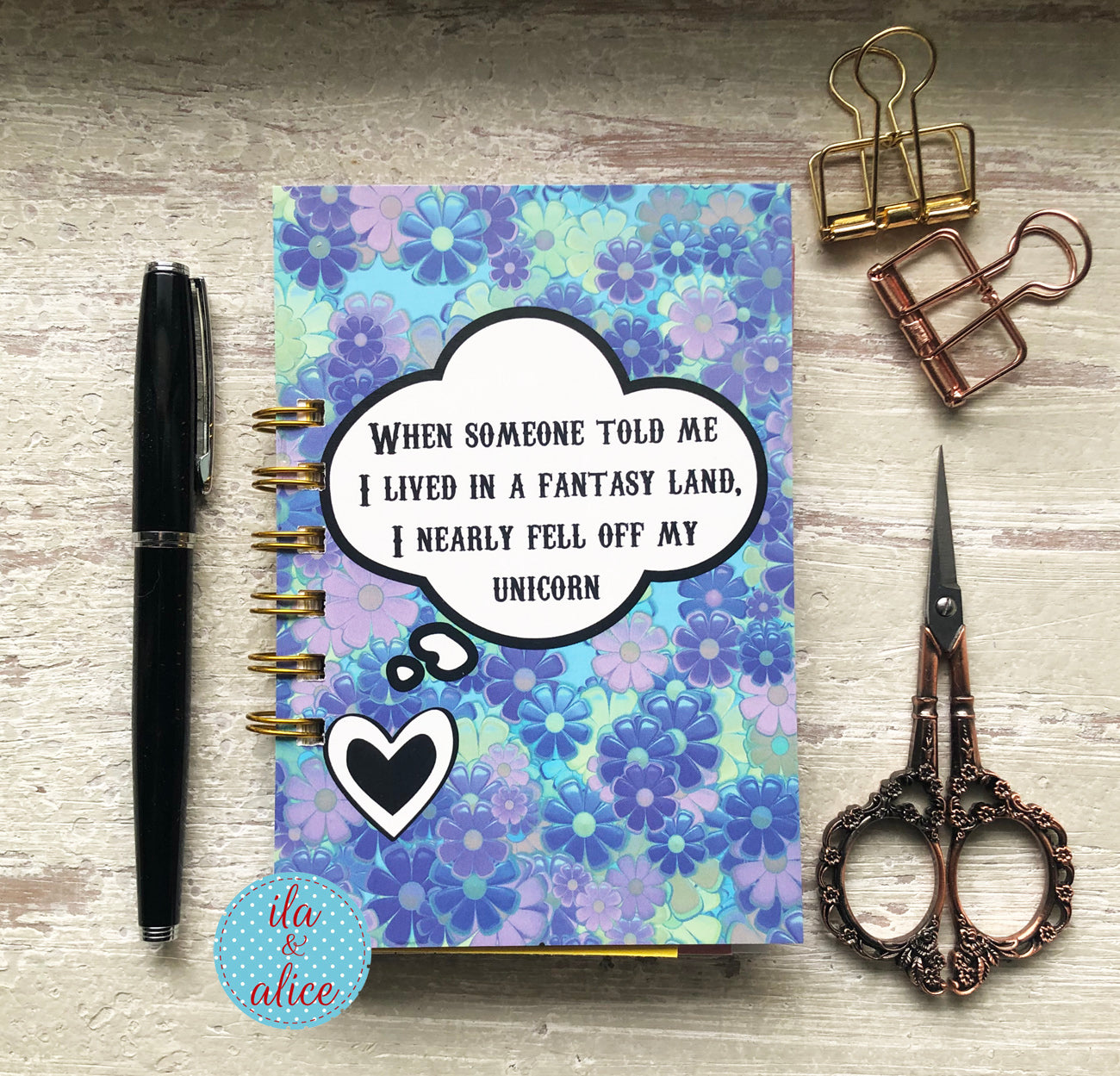 Mini junk journal with retro floral cover and funny unicorn quote, handmade vintage-style notebook with spiral binding