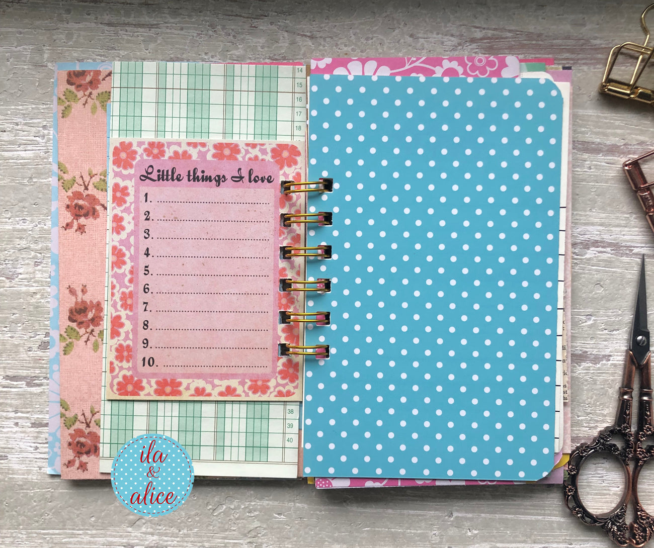 Mini junk journal inside page with layered vintage-inspired papers
