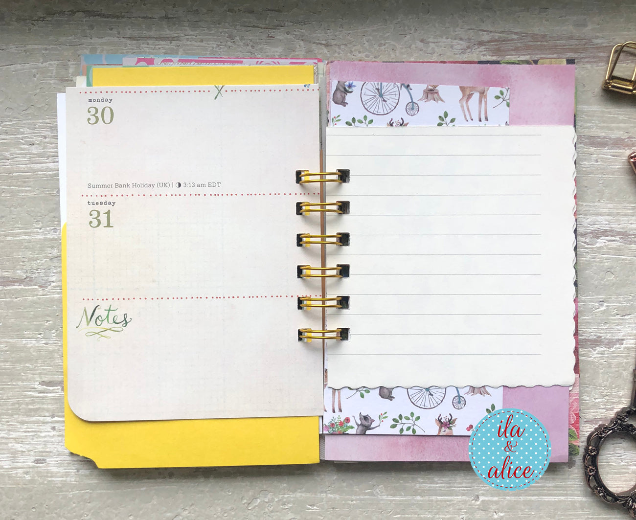 Mini junk journal inside page with layered vintage-inspired papers