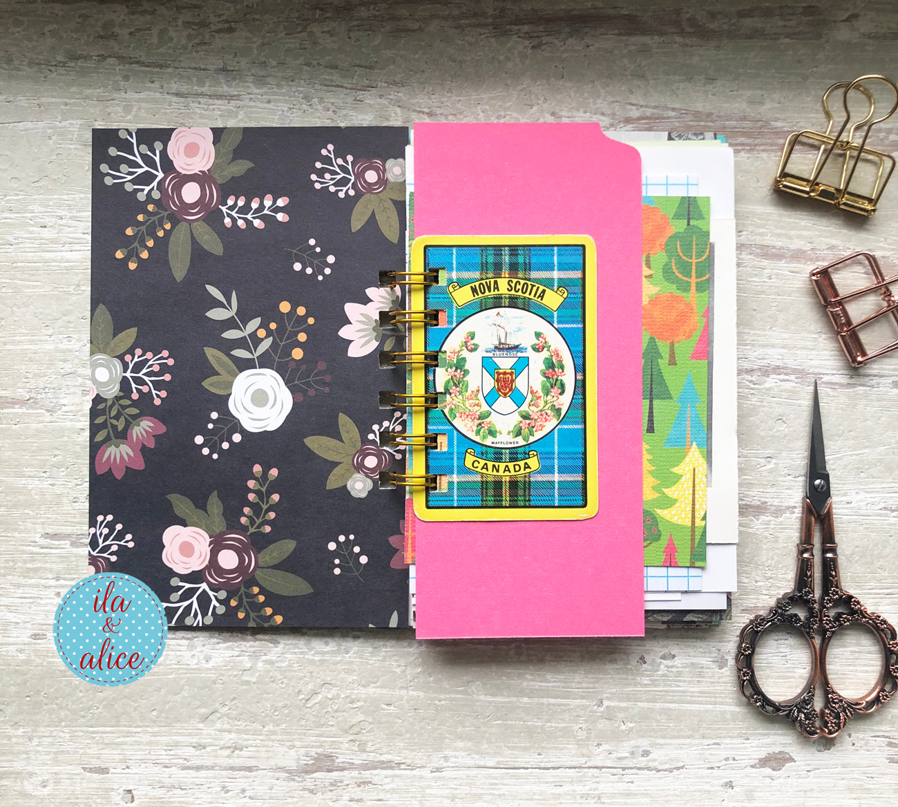 Inside spread of handmade mini junk journal with assorted paper layers