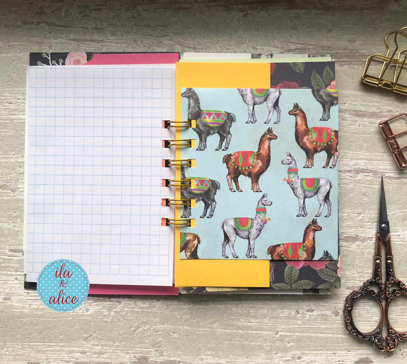 Inside spread of handmade mini junk journal with assorted paper layers