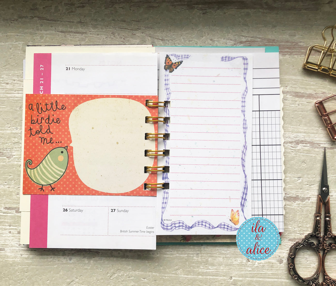 Inside spread of handmade mini junk journal with assorted paper layers