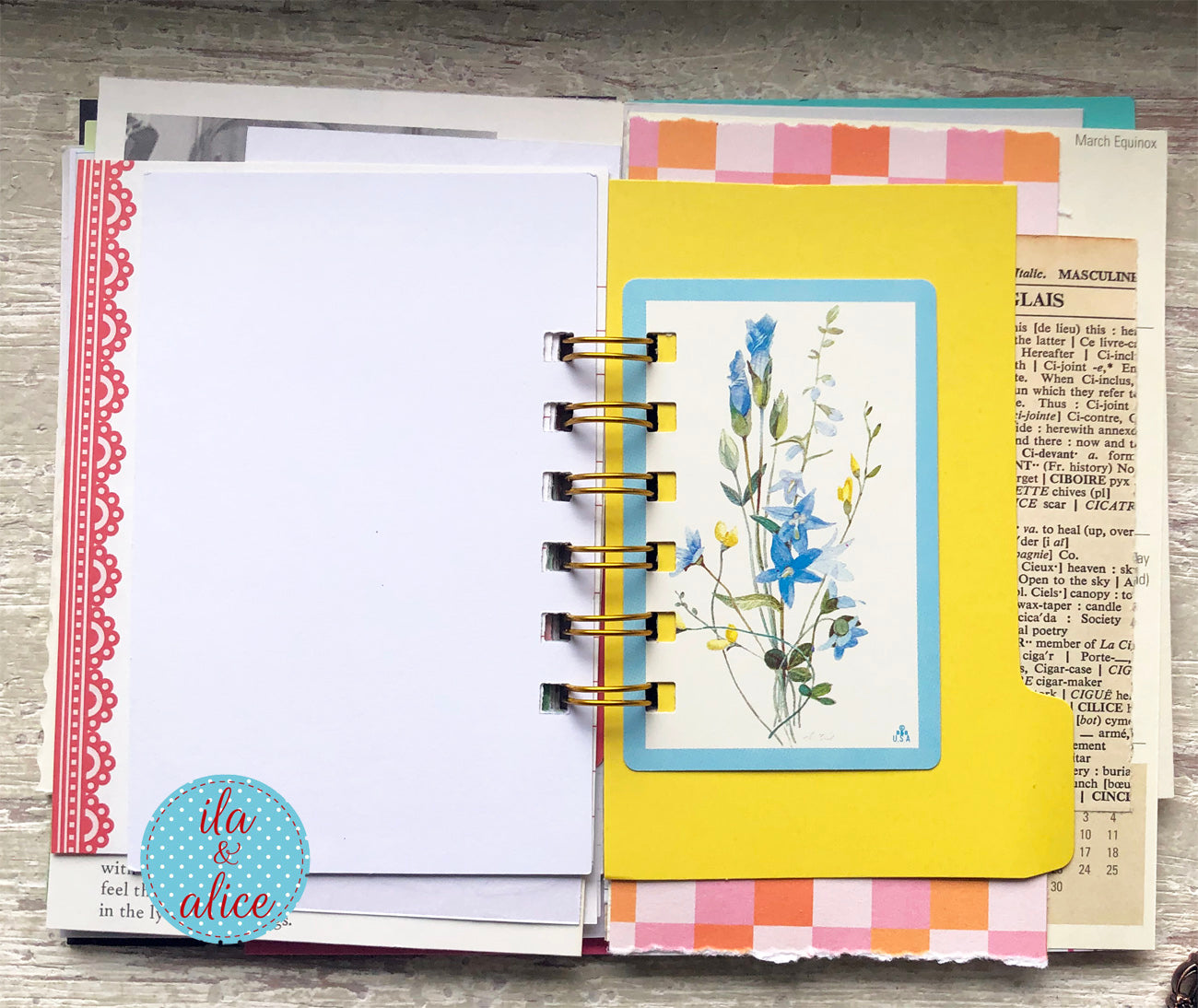 Inside spread of handmade mini junk journal with assorted paper layers