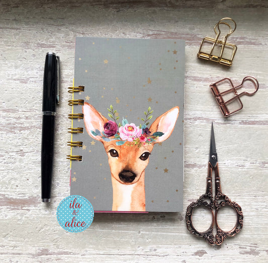 Woodland deer mini junk journal with floral crown cover