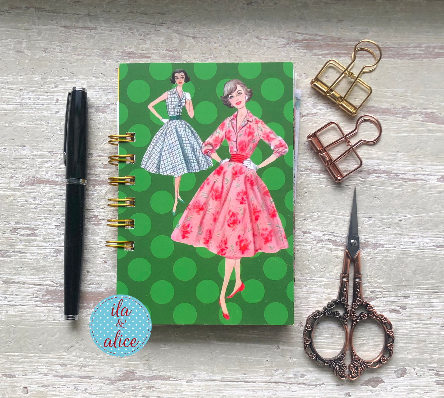 Mini Journal – Retro Ladies – Green Polka Dots