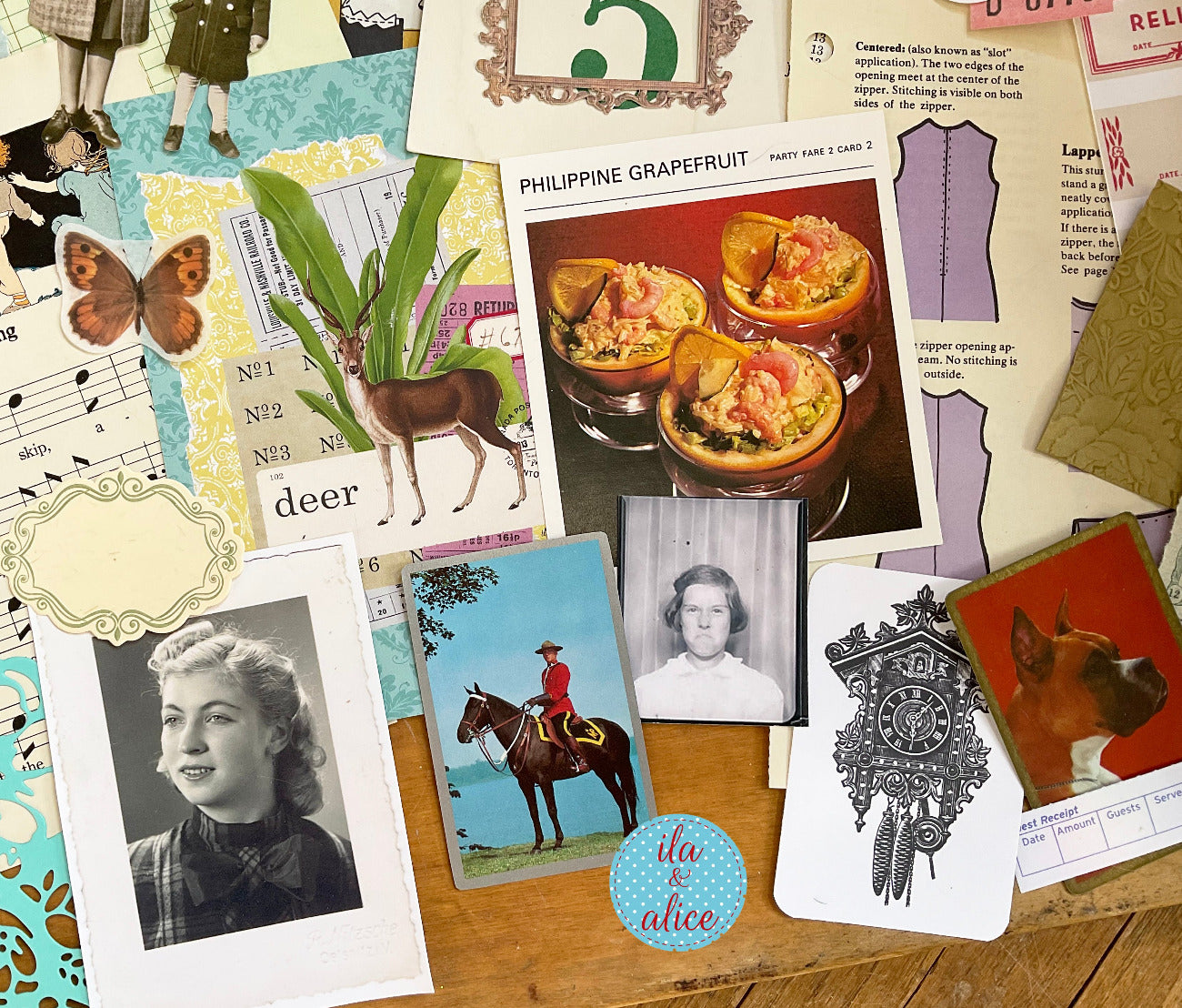 Curated 8x12 junk journal ephemera pack with layered papers, botanical elements, and tuck-able pieces. Vintage  playing cards, book pages and assorted journaling ephemera.