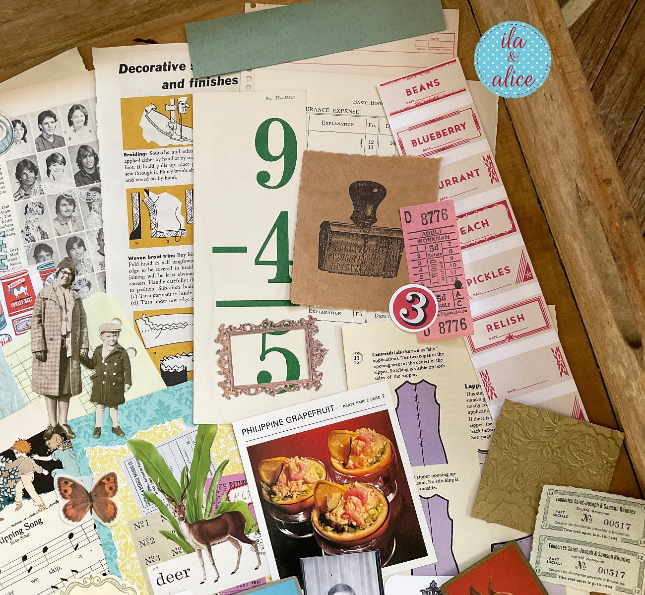 Curated 8x12 junk journal ephemera pack with layered papers, botanical elements, and tuck-able pieces. Vintage  playing cards, book pages and assorted journaling ephemera.