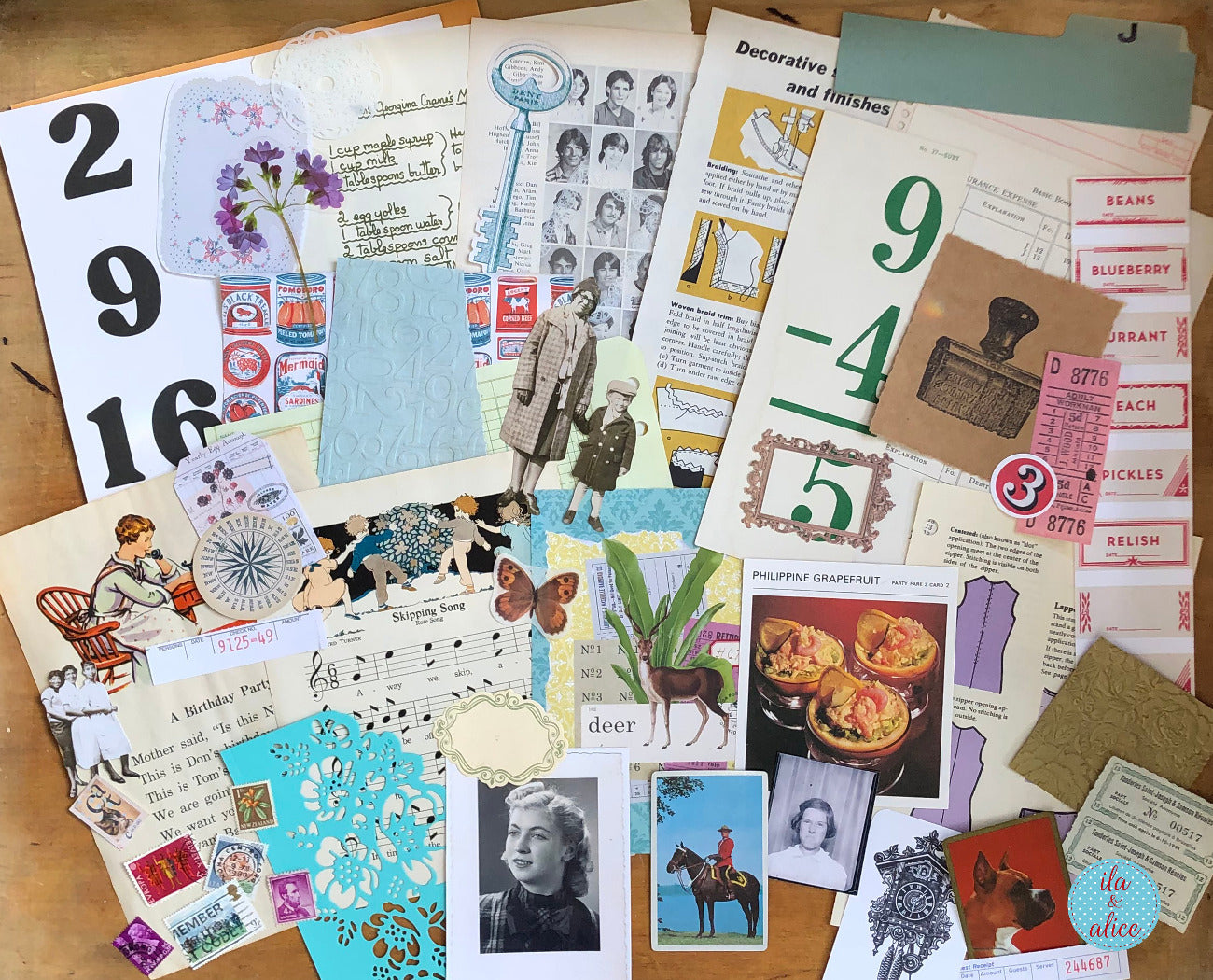 Curated 8x12 junk journal ephemera pack with layered papers, botanical elements, and tuck-able pieces. Vintage  playing cards, book pages and assorted journaling ephemera.