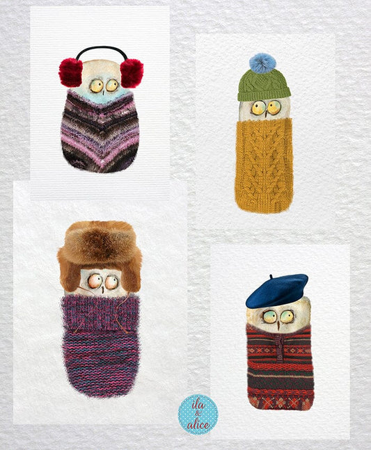 Cute Owls in Sweaters Postcards Post Cards ila & alice 