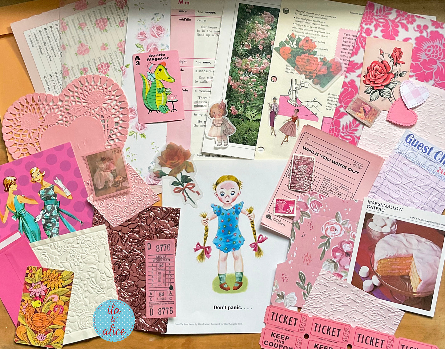 Curated 8x12 junk journal ephemera pack with layered papers, botanical elements, and tuck-able pieces. Pink theme.