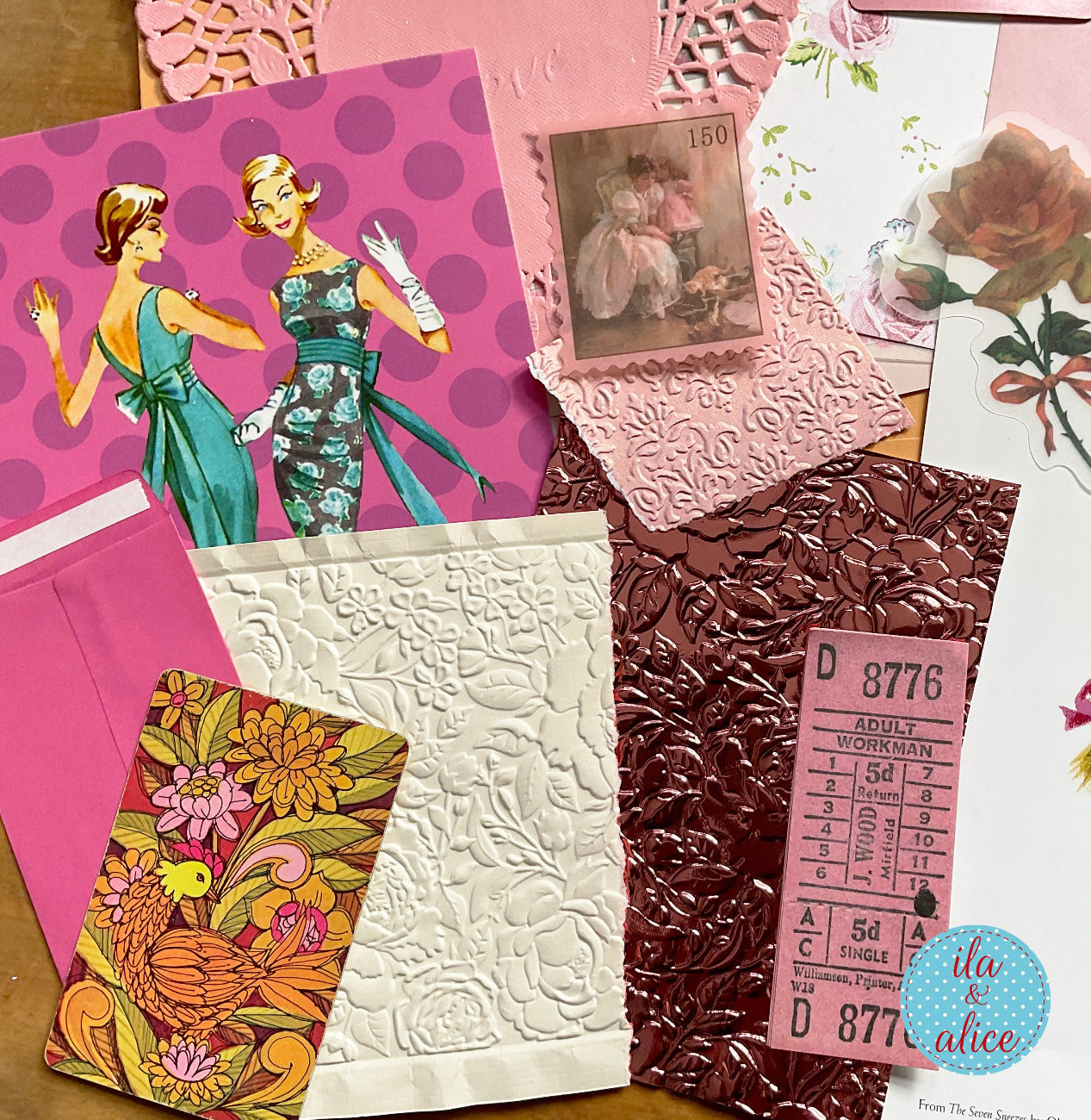 Curated 8x12 junk journal ephemera pack with layered papers, botanical elements, and tuck-able pieces. Pink theme.