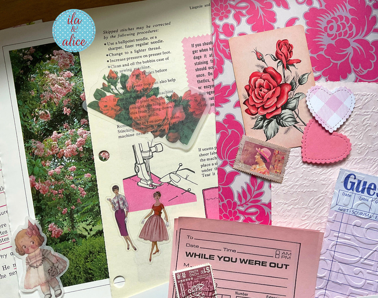 Curated 8x12 junk journal ephemera pack with layered papers, botanical elements, and tuck-able pieces. Pink theme.