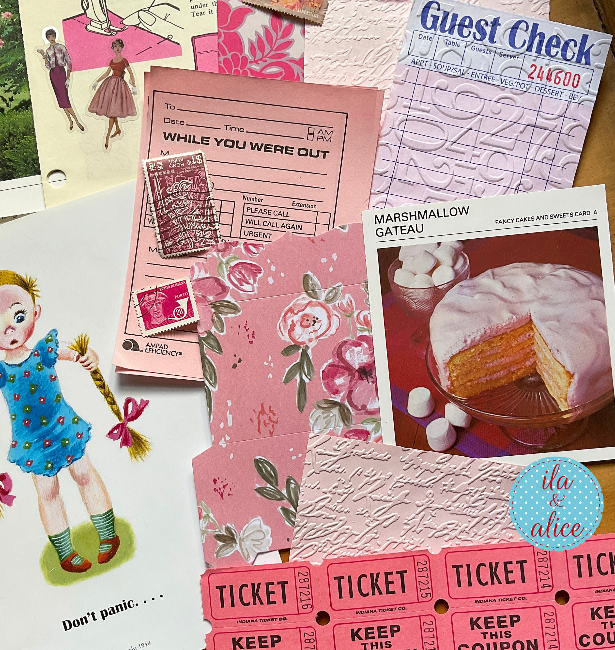 Curated 8x12 junk journal ephemera pack with layered papers, botanical elements, and tuck-able pieces. Pink theme.