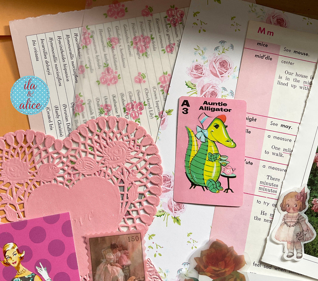 Curated 8x12 junk journal ephemera pack with layered papers, botanical elements, and tuck-able pieces. Pink theme.