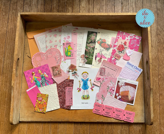 Curated 8x12 junk journal ephemera pack with layered papers, botanical elements, and tuck-able pieces. Pink theme.