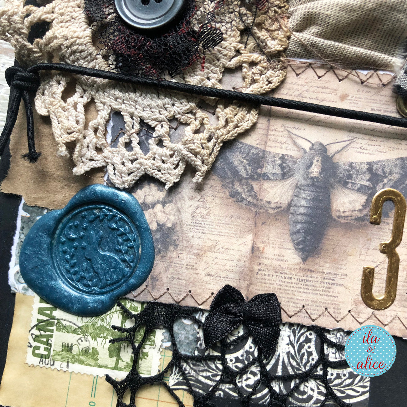 handmade spooky junk journal folio with wax seal, vintage ephemera, and dark folklore aesthetic