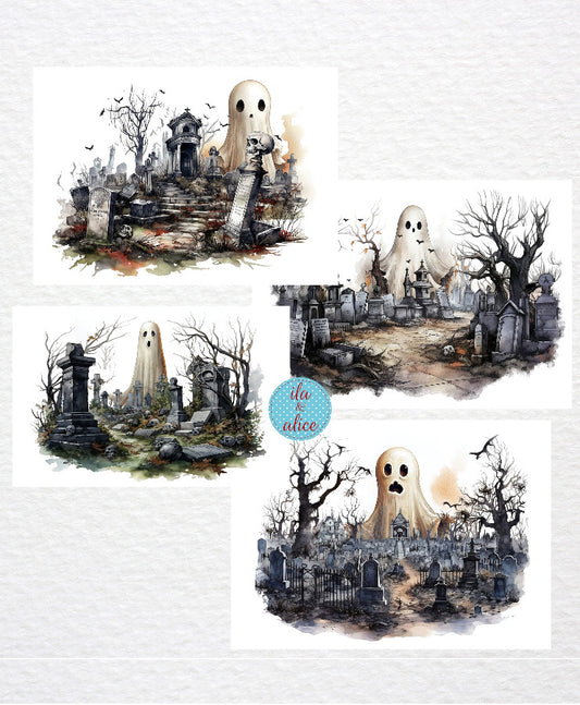 Ghosts and Goblins in the Graveyard Halloween Postcards Post Cards ila & alice 